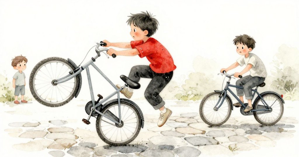 Leo注視著鵝卵石上三輛自行車，其中一輛失衡騎手急跳調整，場面充滿瞬間緊張與懸念。