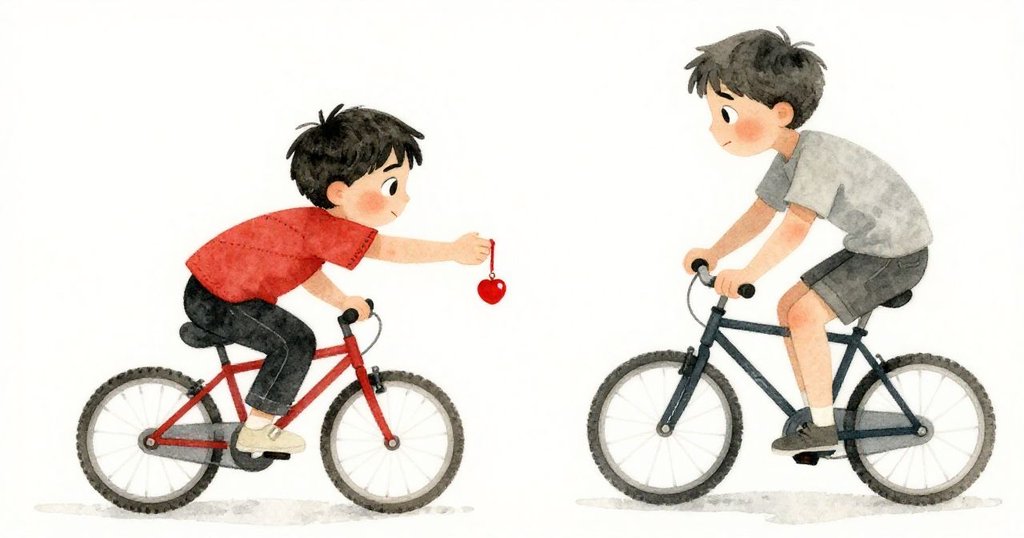 在平靜後，Leo遞出一枚鮮紅護身符給自行車騎手，兩人以微笑交換鼓勵，溫馨互動飄散希望氣息。