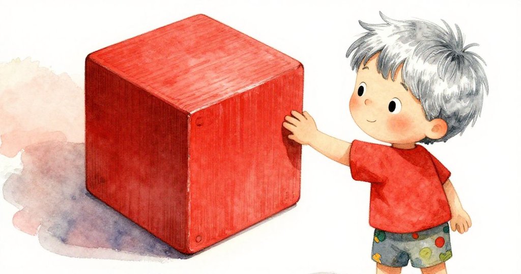 米洛專注地舉起一塊紅色木塊，細緻展現木塊質感和鮮豔色澤，充滿好奇的眼神反映出探索樂趣。