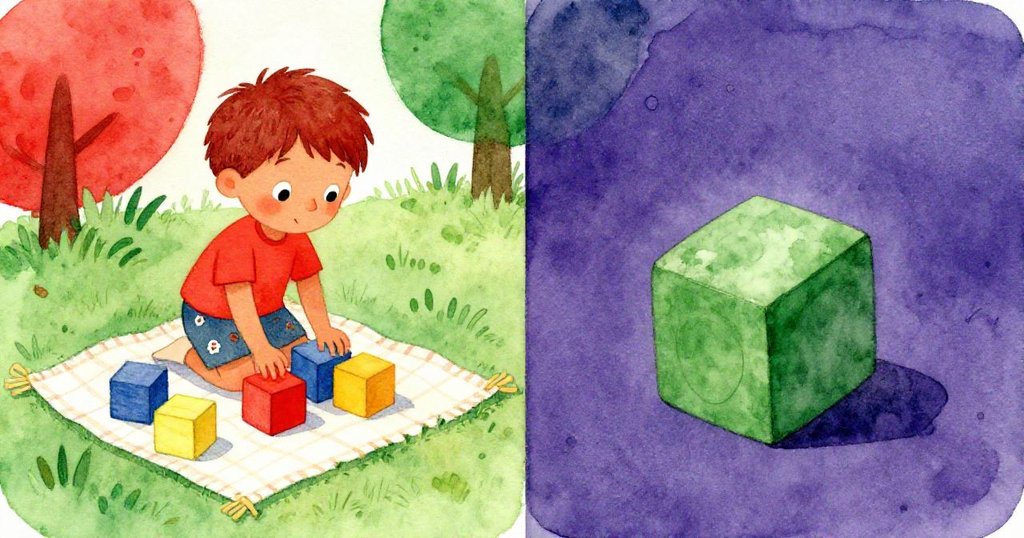 米洛一邊將紅藍木塊整齊排列在毯上，另一邊黃色木塊靜臥，遠處綠色木塊悄然開始滾動，展現情節分裂發展。