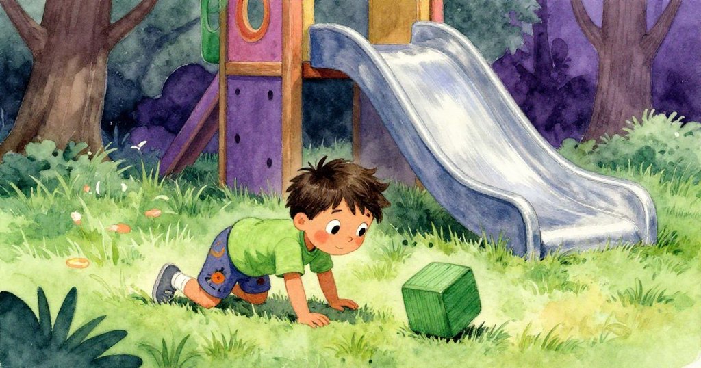 米洛在茂密綠草中爬行追逐滾動的綠色木塊，目標是遠處色彩斑斕的滑梯，充滿冒險精神。