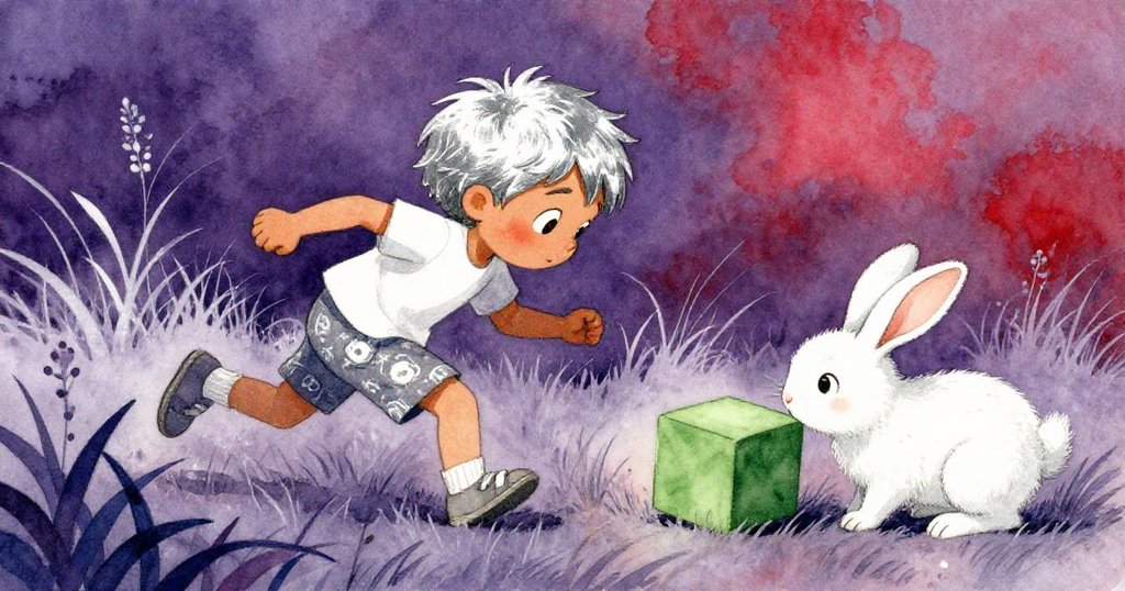 米洛在高高草叢中追逐綠色木塊時，一隻好奇白兔突然出現輕嗅木塊，場景充滿驚喜與活力。