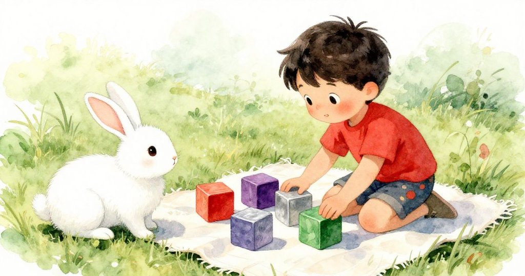 米洛將綠色木塊與其他彩色木塊整齊排放在毯上，白兔靜靜觀望，溫柔微風吹拂青草，故事走向圓滿落幕。