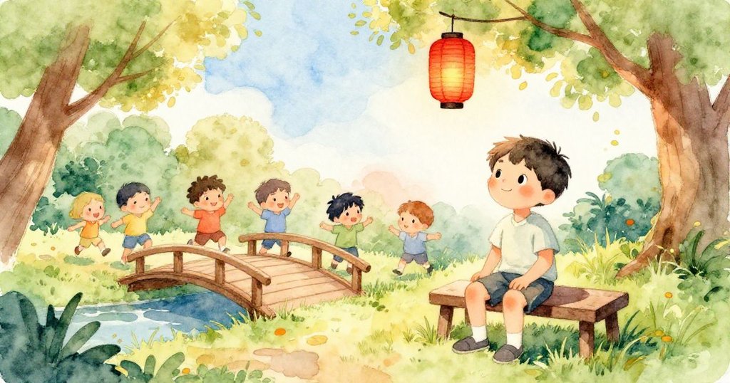 Milo坐在長椅上觀察跳舞小孩與昆蟲，陽光溫暖，紅燈籠輕搖，展現開篇自然生動情景。