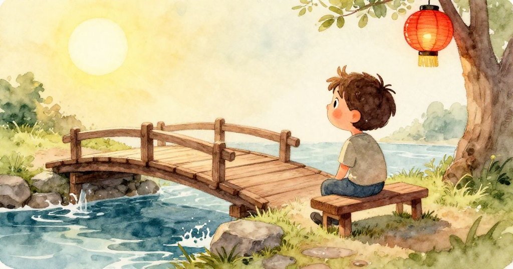 Milo發現木板細膩紋理與流水光影，綠色小蟲爬行其上，呈現自然觸感與動態細節。