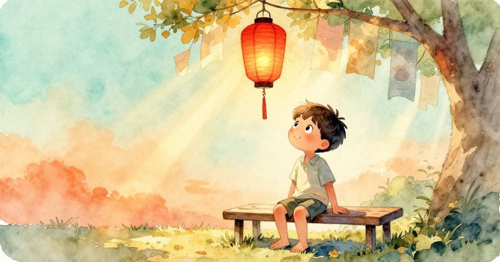 Milo仰望搖曳紅燈籠，坐在長椅上展露驚奇，陽光斜灑，紙側輕舞，營造神奇溫暖氛圍。