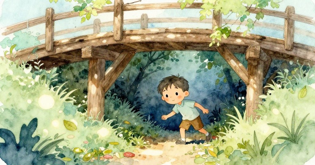 Milo彎腰探索橋下隱蔽角落，落葉輕舞，斑駁光影中洋溢著神秘與好奇探險情懷。