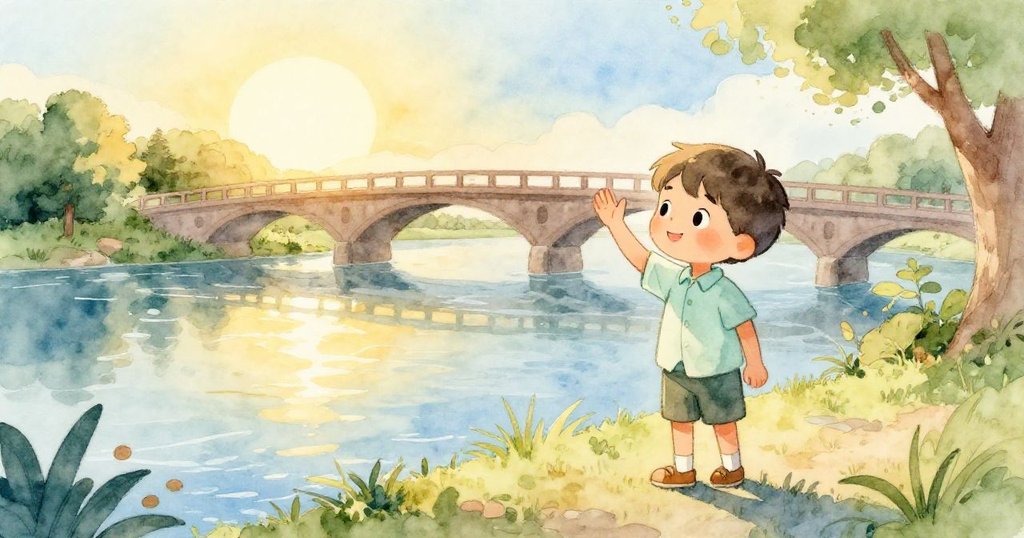 Milo站在橋邊向大自然輕揮告別，夕陽與柔光交織，展現平和溫暖的結尾情景。