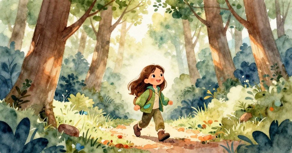 米拉在高樹森林中漫步，陽光灑滿棕色地面，展現平靜與期待，輕鬆探險自然風景。