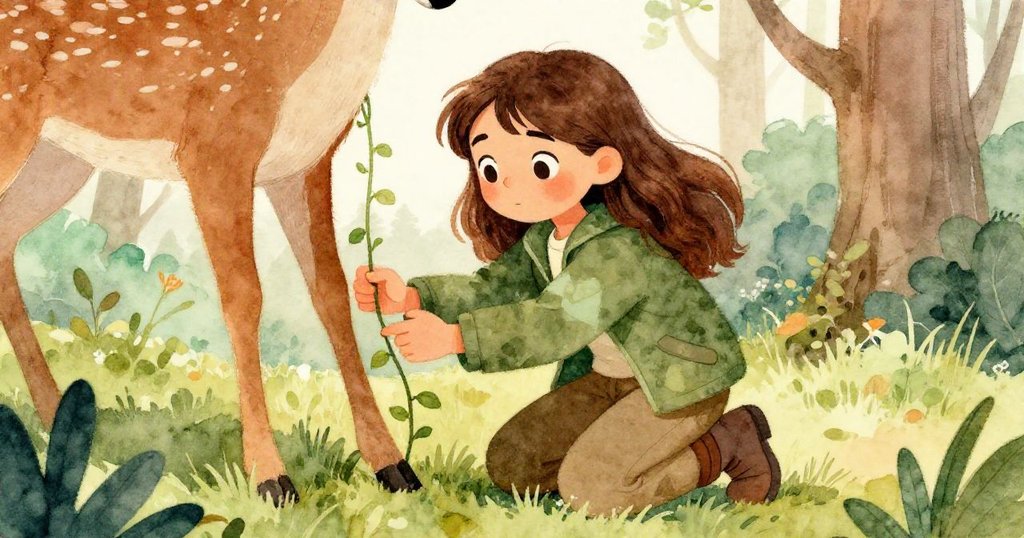 米拉低角度展現堅定神情，小心壓低纏繞鹿腿的藤蔓，森林光線柔和，傳遞溫柔援助。