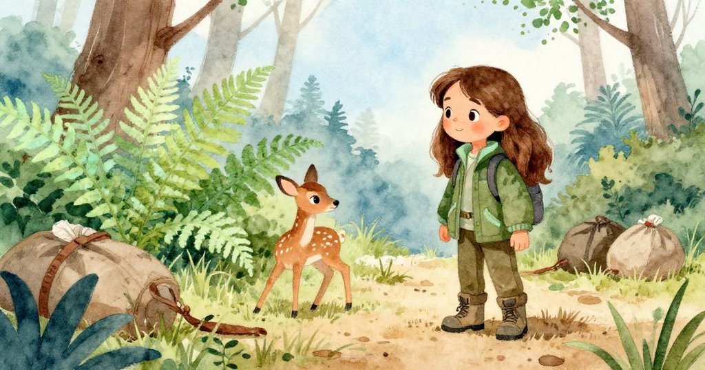 從高處俯視，鹿甩開藤蔓步入翠綠蕨叢，米拉憂喜參半旁觀，落袋散落乾草間，森林寧靜流轉。