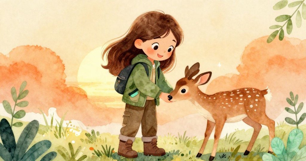 米拉滿意露笑，鹿輕輕點頭致意慶祝成功，溫暖陽光映襯下森林充滿喜悅情懷。