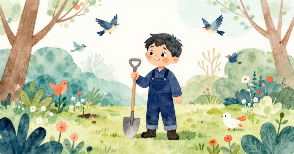 Milo在明亮初春庭院中站立,周圍有小鳥飛舞與綠意盎然的背景,展現出愉悅並期待進行園藝活動的情緒。