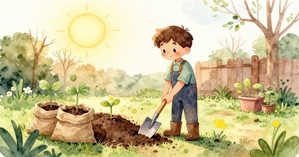 Milo專注地用雙手操作金屬鏟與木耙,細心觸摸新鮮土壤,展現耕作前的準備與期待。