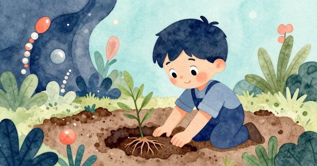 Milo在挖土時發現隱藏樹根,細膩表現出地下秘密空間,神情充滿好奇與驚奇,呈現獨特畫面。