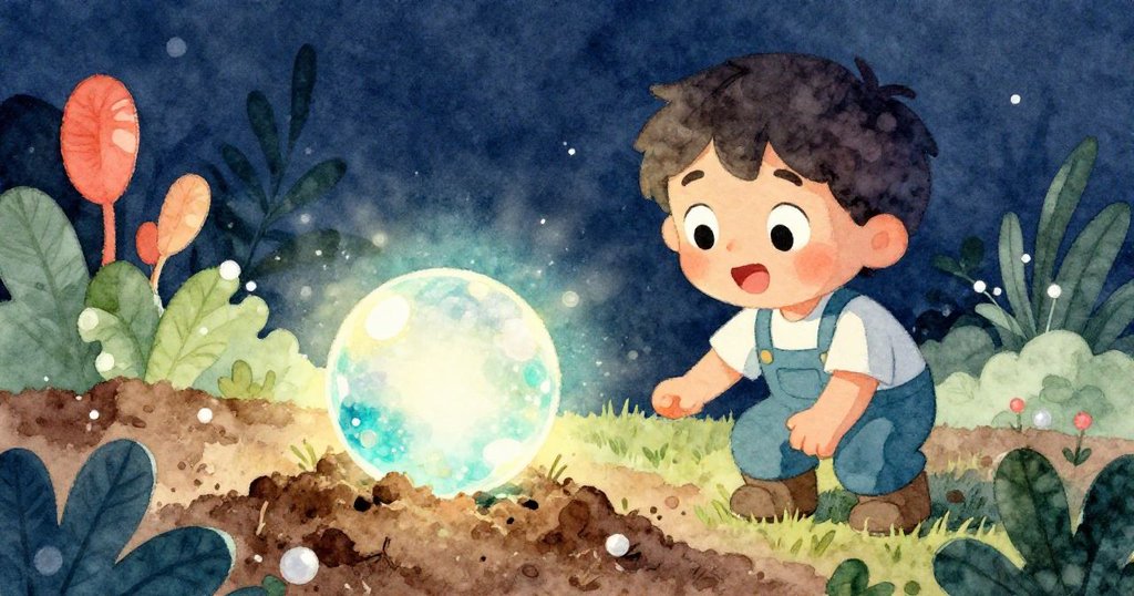 Milo驚喜發現一顆閃亮彈珠從土中滾出,眼中流露出驚奇與歡樂,展現出意外寶藏的瞬間。