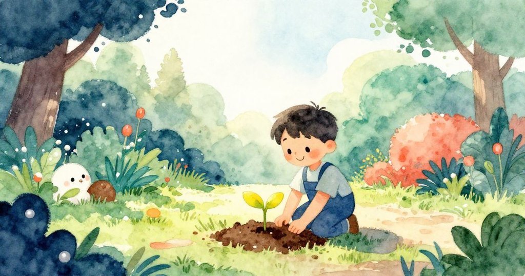 Milo在寧靜花園中小心種下金黃色幼苗並澆水,滿懷希望地眺望未來,畫面展現出溫馨與新生氣息。