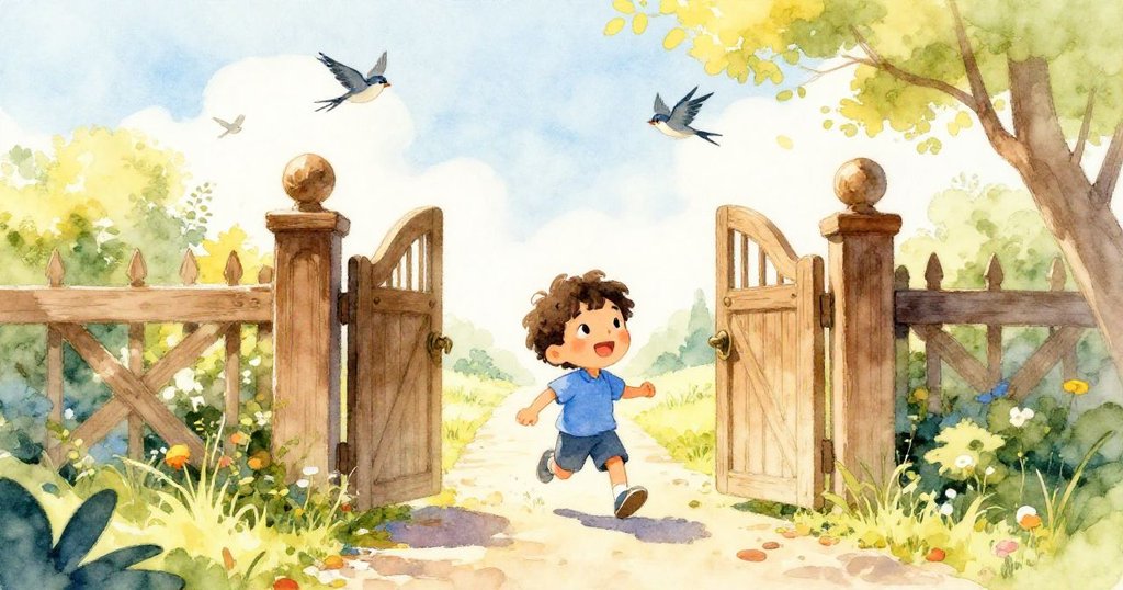 米洛穿過古樸木門，走向充滿陽光的小徑，充滿希望與喜悅，背景有飛鳥與綠意盎然的樹林。