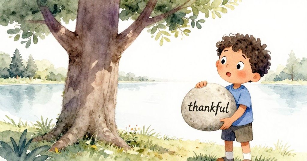 米洛手中握著刻有感謝字的石頭，滿懷好奇，背景有蒼翠大樹與寧靜池塘，環境清新雅緻。