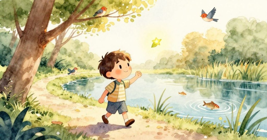 從青蛙視角看池塘，水面起伏閃耀，池邊蘆葦隨風擺動，充滿生機與童趣。