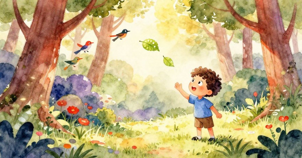 夏日森林中，米洛欣賞飛鳥與閃亮樹葉，陽光普照，環境生氣勃勃，充滿歡樂與驚奇。