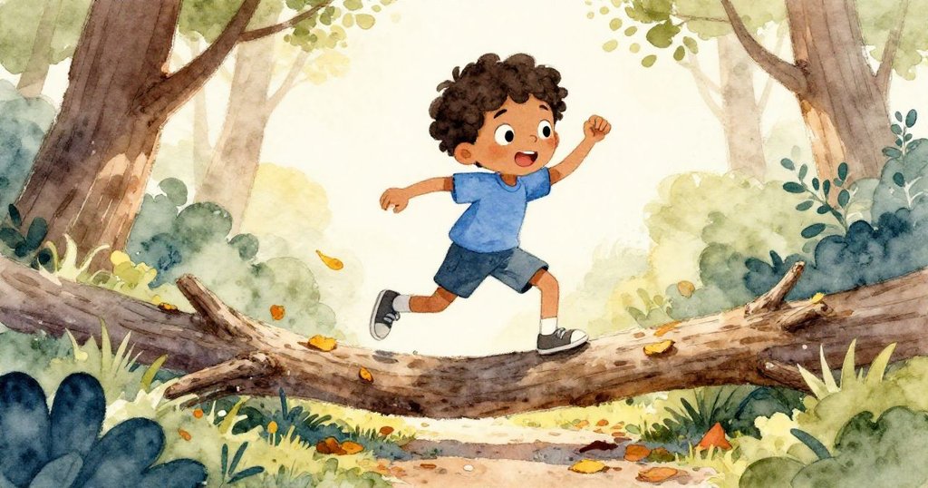 米洛跨步越過落枝，乾葉隨風輕舞，臉上流露出自信與喜悅，展現冒險與發現的瞬間。