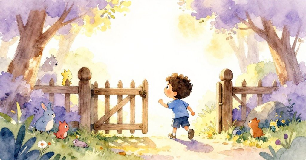 米洛回到木門前，柔和金光灑落，小動物圍繞迎接，展現溫馨重逢與滿足之情。