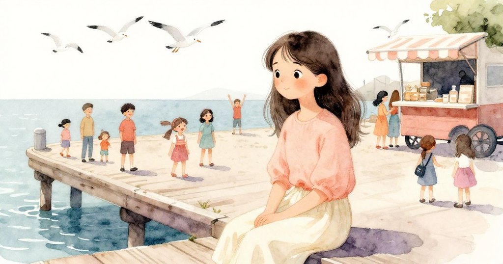 莉娜坐在熱鬧的碼頭上，周圍有海鷗飛翔和食物車忙碌，臉上流露出平靜和好奇，故事開始展現生動場景。