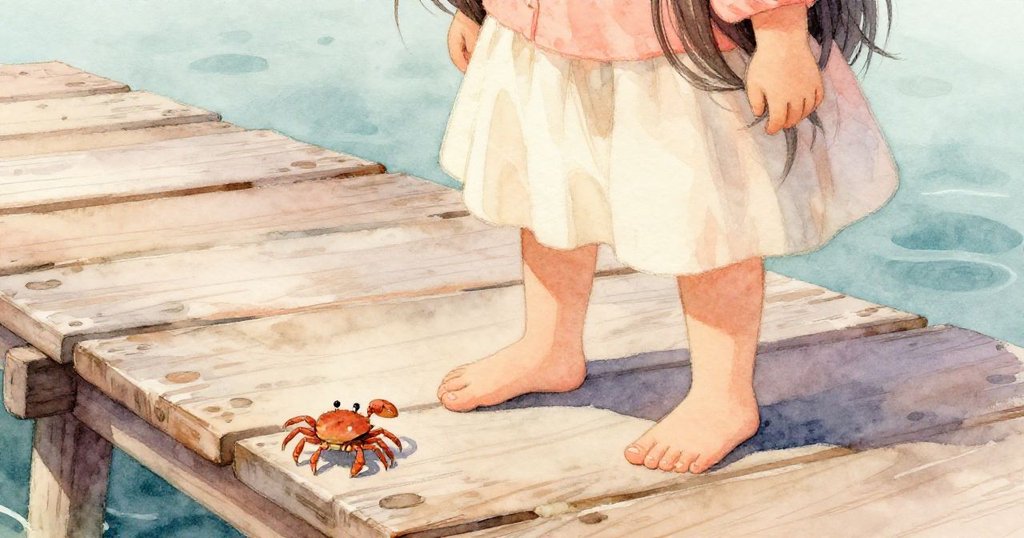 莉娜的雙腳踩在舊木碼頭上，小螃蟹輕輕拍打著木板，展示了自然細膩觸感與故事中的互動。