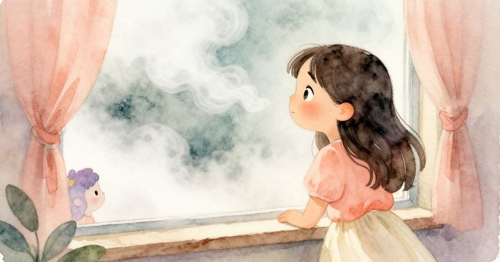 莉娜凝視著從食物車中升起的蒸氣，如同透過神奇窗景，臉上充滿好奇，展現出從開始到發展的故事轉折。