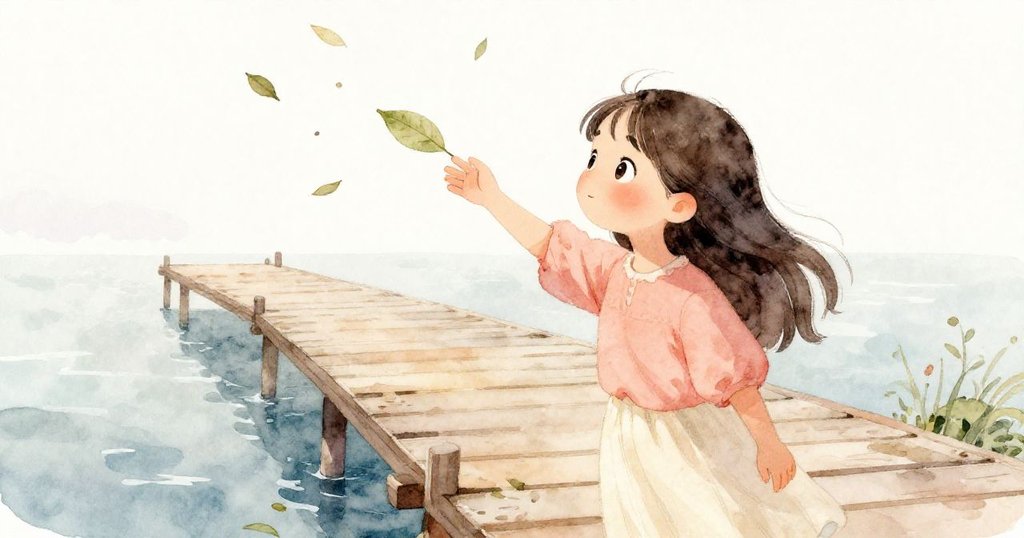 莉娜站在季節變幻的碼頭上，微風吹拂著飄落的葉子，她伸手觸摸葉片，整個景色充滿柔和光芒與自然變化。