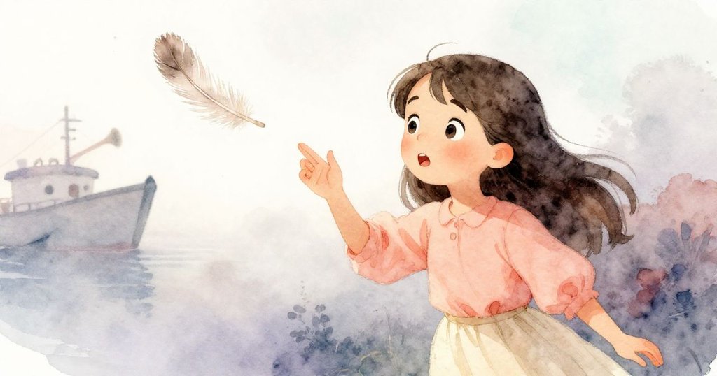 莉娜驚訝地注視著空中旋轉的羽毛，遠處船號隱隱作響，天空與海洋間展現出緊張與奇幻的瞬間。