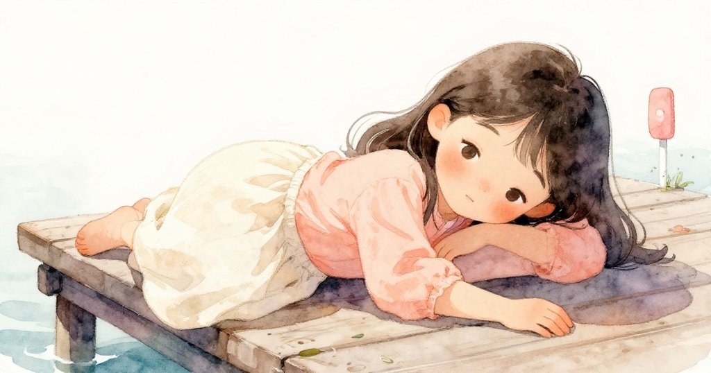 莉娜靜靜坐在陽光下的碼頭上，微笑閉眼享受海風和蒸氣的溫柔，她的神情透露出故事結束時的寧靜與幸福。