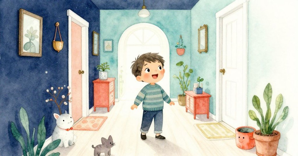 在溫暖的走廊裡，米洛站在擁擠的小動物與家居擺設中，滿懷期待開始一段奇妙的冒險旅程。