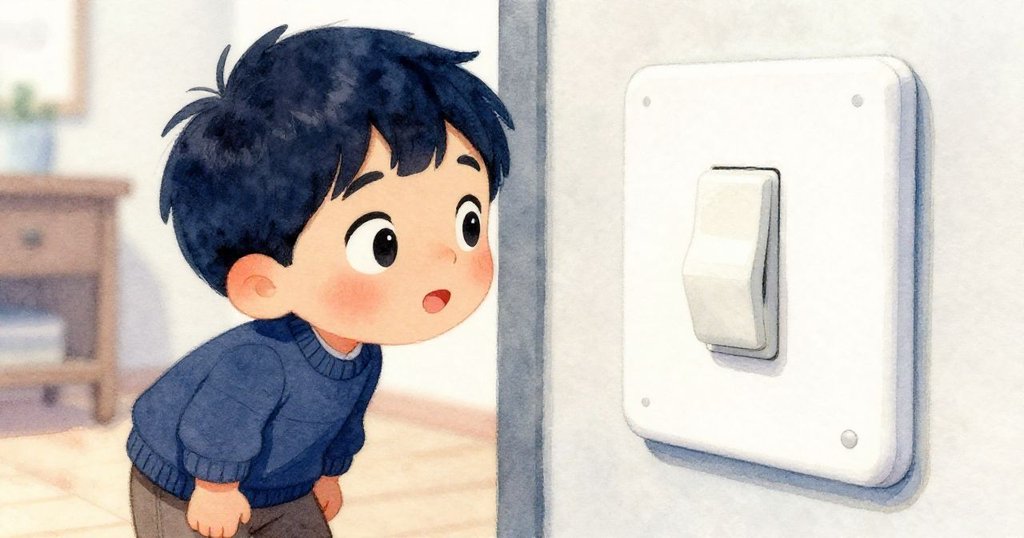 米洛靠近白色開關，目光專注，臉上流露出探索與期待的表情，背景散發溫暖光線。