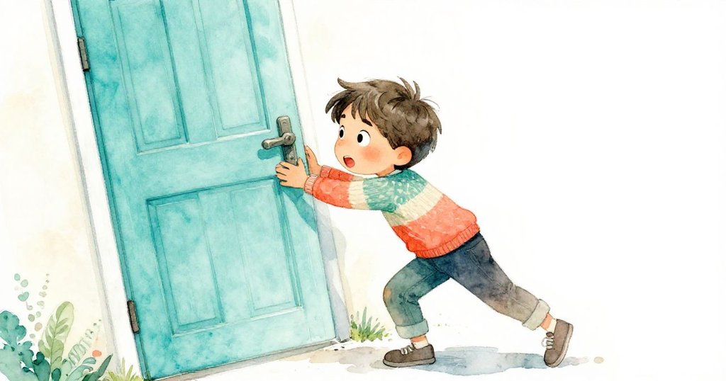 米洛雙手用力推開卡住的後門，畫面傾斜呈現動感，他專注且堅定，彰顯冒險精神。