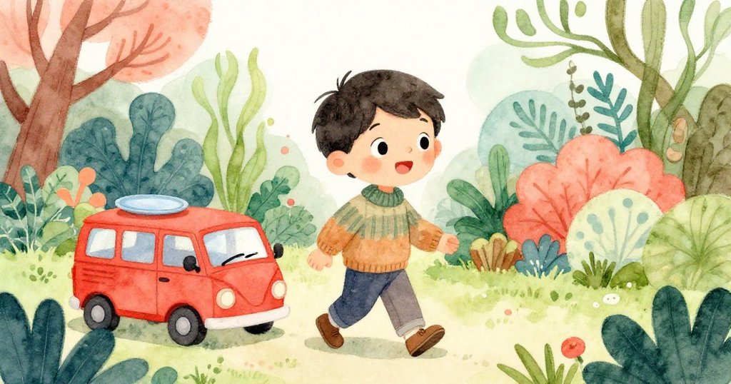 米洛輕快走入花園，紅色玩具車與藍色盤子映入眼簾，環境明亮自然，充滿童趣與希望。