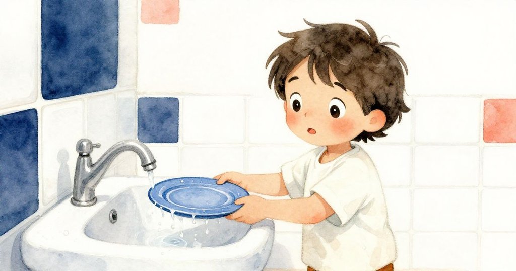 米洛的哥哥站在洗手台邊，指向滴水的藍盤子，明亮瓷磚映出神秘光澤，氣氛緊張。