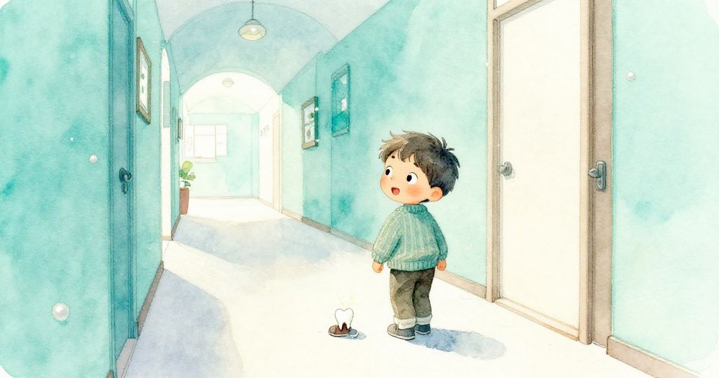 米洛回到溫馨走廊，發現鞋旁閃爍的小牙，平靜結束一天探險，臉上流露溫柔微笑，情感滿溢。