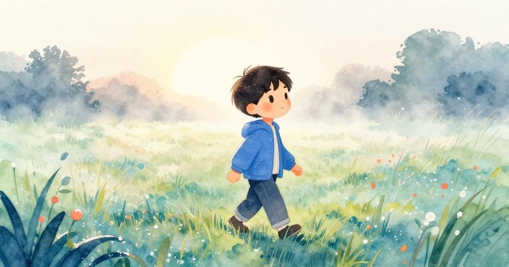 清晨田野中米可快走在閃光露珠草地上，表情充滿好奇與喜悅，背景有柔和日出光芒