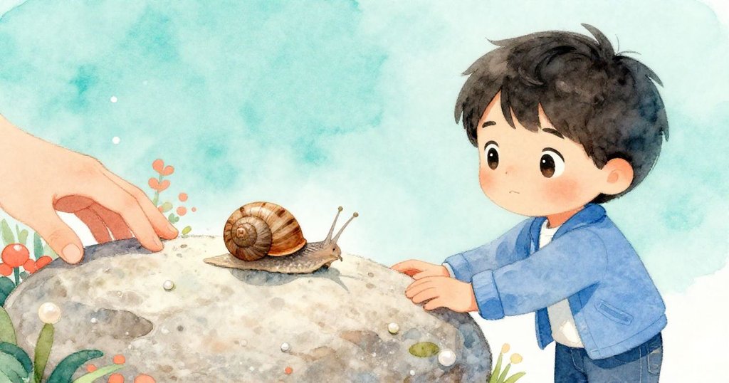 米可在陽光下俯身觀察平滑石頭與爬行蝸牛，表情驚奇，手輕觸石面，細節豐富的自然場景