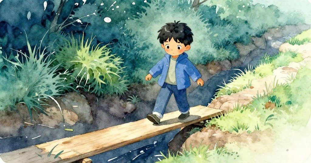 米可在斜角構圖下小心走在跨越狹溝的瘦長木板上，緊張與期待融於清晨自然光中