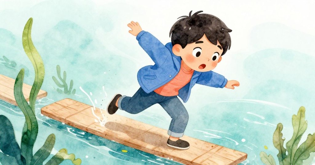 米可在濕滑木板上因腳滑展現迅速揮臂恢復平衡，面露驚訝與堅定，動態捕捉緊張瞬間