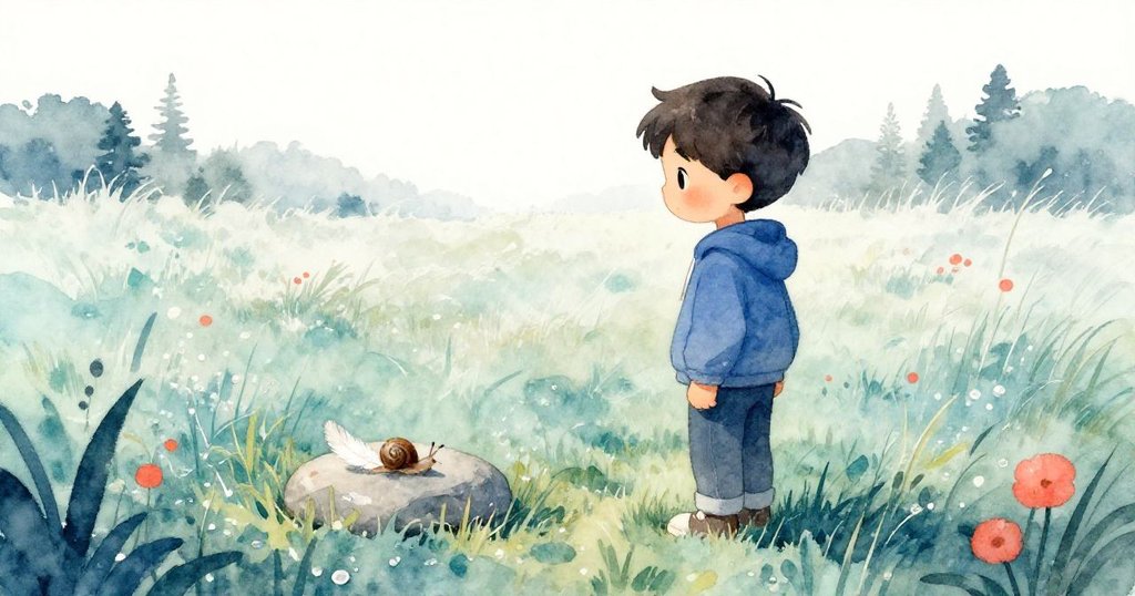 米可在廣闊晨光草地上回望石頭上轉動蝸牛與落地白羽，眼中充滿平靜與溫柔，象徵心靈成長