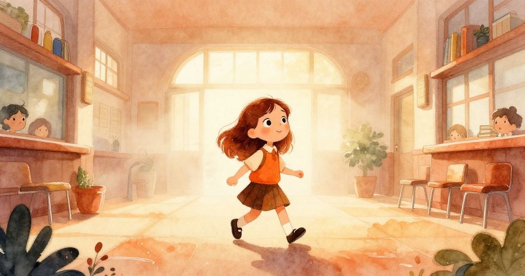 Mia輕快地走過涼爽學校大廳,晨霧迷蒙中透出柔和光線,環境細節豐富,展現她對新一天的期待與好奇。