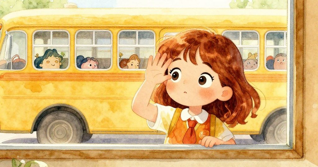 Mia站在低窗前伸手擋陽光,透過窗外看見明亮黃色校車與鮮豔旅行海報,臉上流露驚喜與好奇。