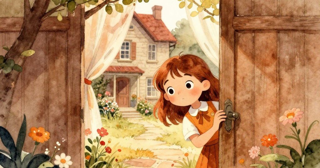 Mia在花園門旁好奇前傾透過狹縫觀察老房子與隨風搖曳的窗簾,周圍花朵鮮豔,神情充滿探險的渴望。