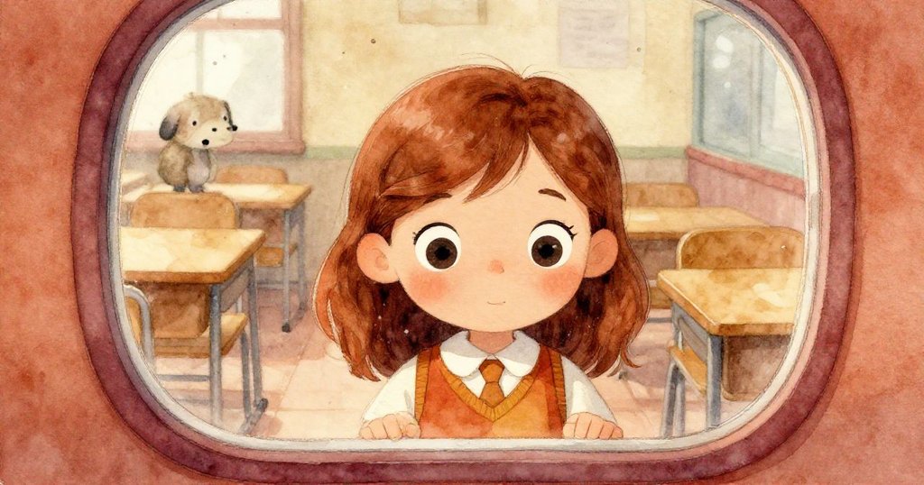 Mia凝視圓形玻璃窗,玻璃透著水波般晶亮,窗內教室靜謐,微塵漂浮,小動物安靜休憩,神情專注。