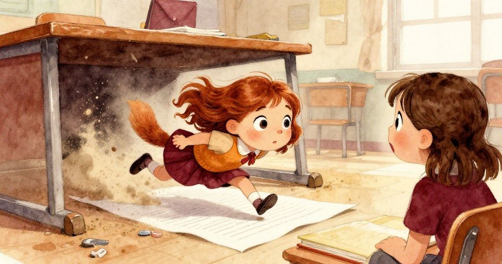 Mia驚喜注視教室內小動物快速穿過倒下的圖表,塵埃隨動而舞,場景充滿活力和趣味,充滿了追逐感。