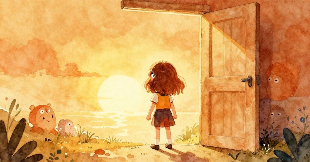 Mia站在充滿金色光芒的開放門前,迎向光明新途,臉上洋溢著堅定與期待,象徵著全新冒險的開始。